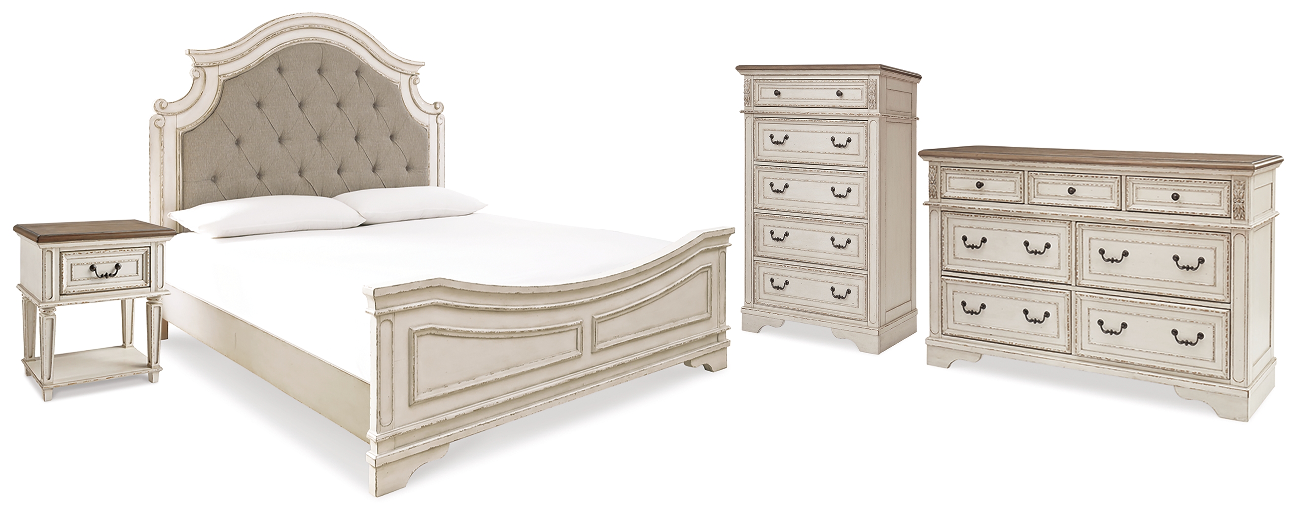 Realyn King Upholstered Panel Bed, Dresser, Chest and Nightstand - Ashley Direct