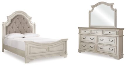 Realyn Queen Upholstered Panel Bed, Dresser and Mirror - Ashley Direct