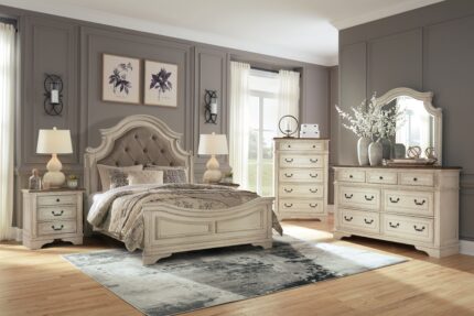 Realyn Queen Upholstered Panel Bed, Dresser, Mirror, Chest and 2 Nightstands - Ashley Direct