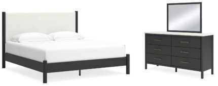 Cadmori King Upholstered Panel Bed, Dresser and Mirror - Ashley Direct