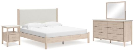 Cadmori King Upholstered Panel Bed, Dresser, Mirror and Nightstand - Ashley Direct