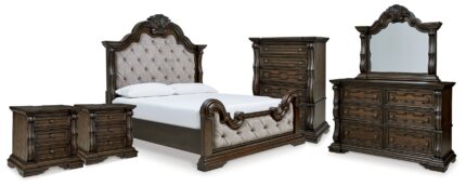 Maylee King Upholstered Bed, Dresser, Mirror, Chest and 2 Nightstands - Ashley Direct