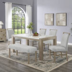 Tabitha 6Pc 66" Rectangular White Faux Marble Top Dining Set in Light Oak Finish with Bench product image