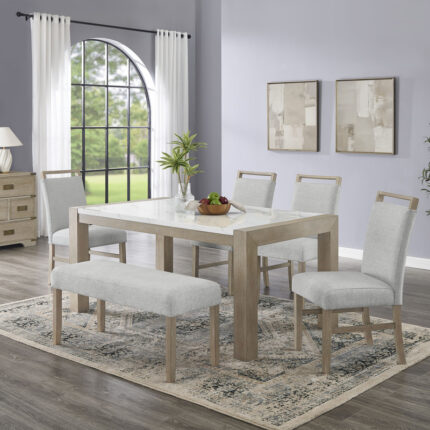 Tabitha 6Pc 66" Rectangular White Faux Marble Top Dining Set in Light Oak Finish with Bench product image