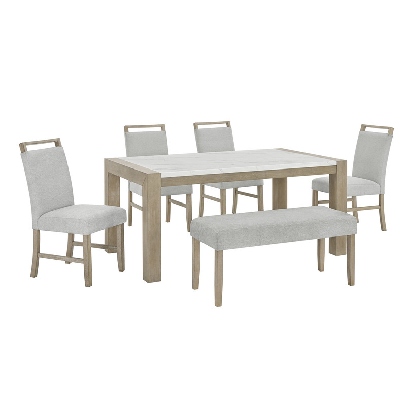 Tabitha 6Pc 66" Rectangular White Faux Marble Top Dining Set in Light Oak Finish with Bench Tabitha 6Pc 66" Rectangular White Faux Marble Top Dining Set in Light Oak Finish with Bench product image