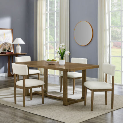 Darla 5Pc 72" Rectangular Walnut Oak Finish Sled Dining Set with Beige Sherpa Fabric Chairs product image