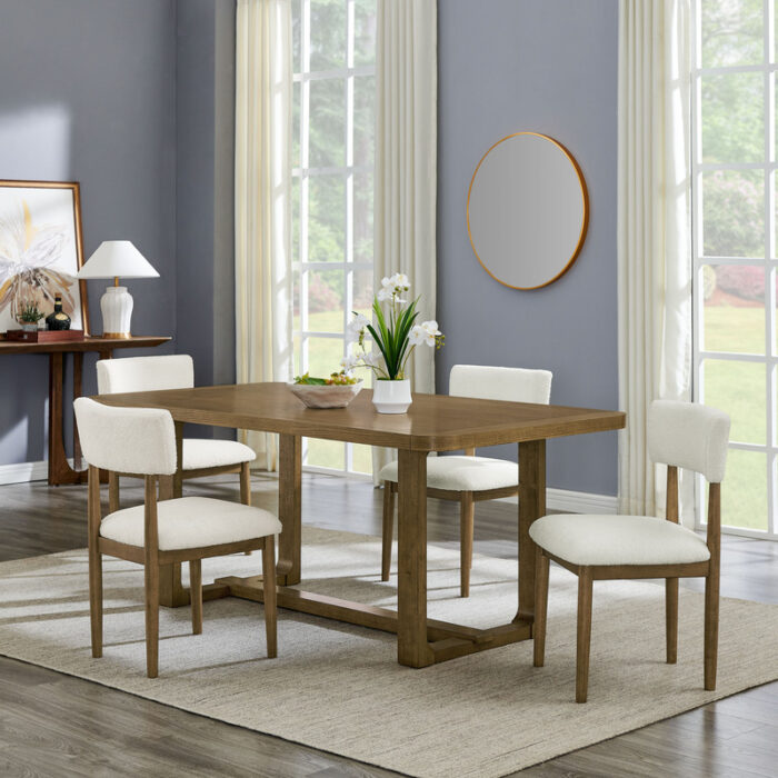 Darla 5Pc 72" Rectangular Walnut Oak Finish Sled Dining Set with Beige Sherpa Fabric Chairs product image