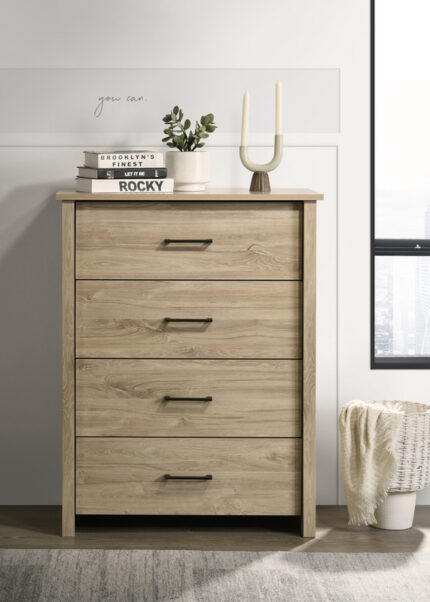 Celeste 32"W Light Oak Finish 4-Drawer Chest with Black Handles product image