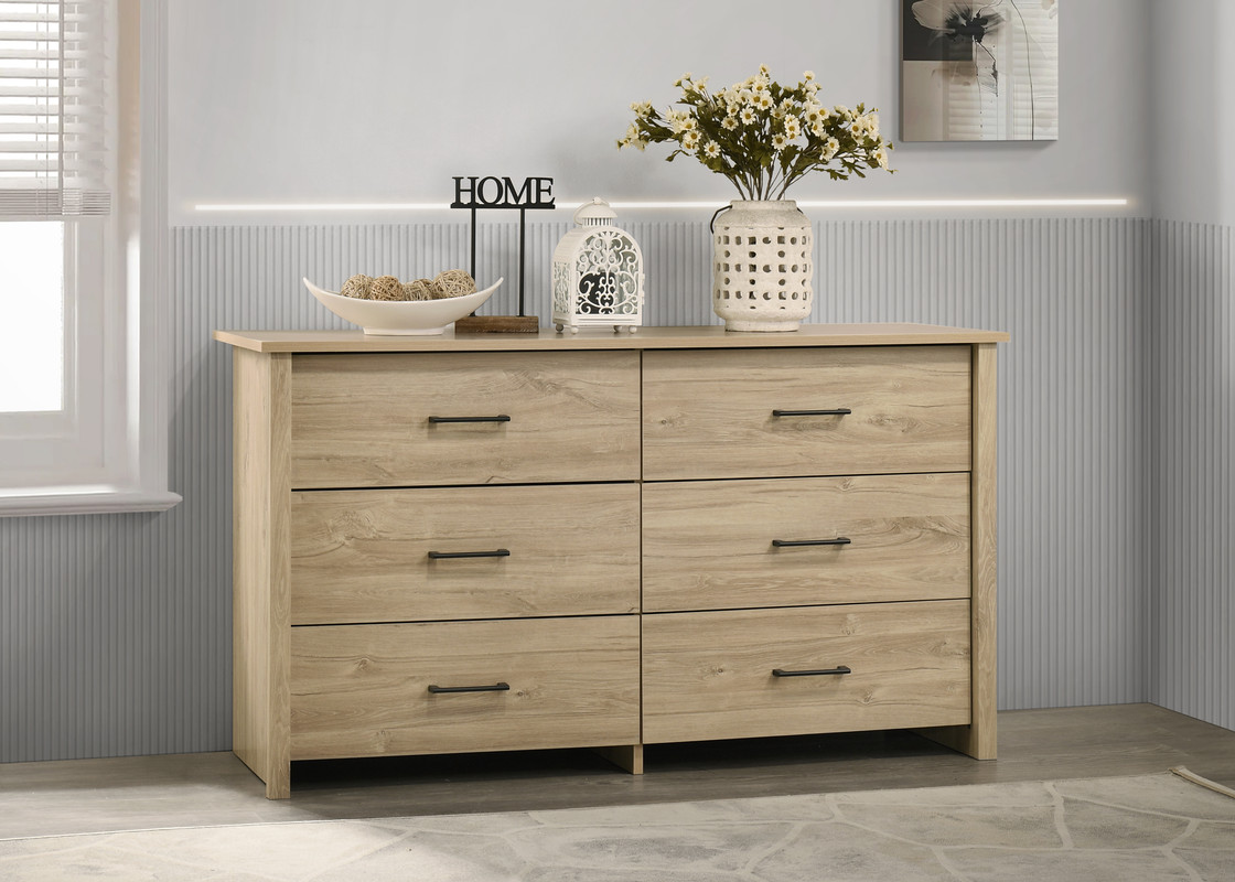 Celeste 57"W Light Oak Finish 6-Drawer Dresser with Black Handles Celeste 57"W Light Oak Finish 6-Drawer Dresser with Black Handles product image