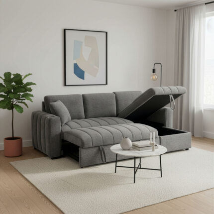 Seraphina 101"W Gray Chenille Fabric Reversible Sleeper Sectional Sofa with Storage Chaise