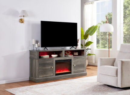 Terra 70"W Gray Walnut Finish TV Stand Console with Fireplace and Heater product image
