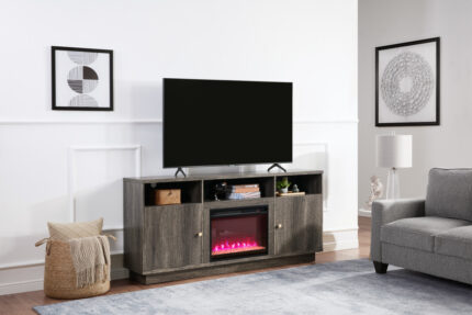 Ambrose 70"W Gray Walnut Finish Fireplace TV Stand Console with Heater
