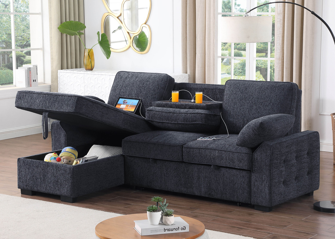 Mackenzie 91"W Charcoal Chenille Fabric Reversible Sleeper Sectional with Storage Chaise
