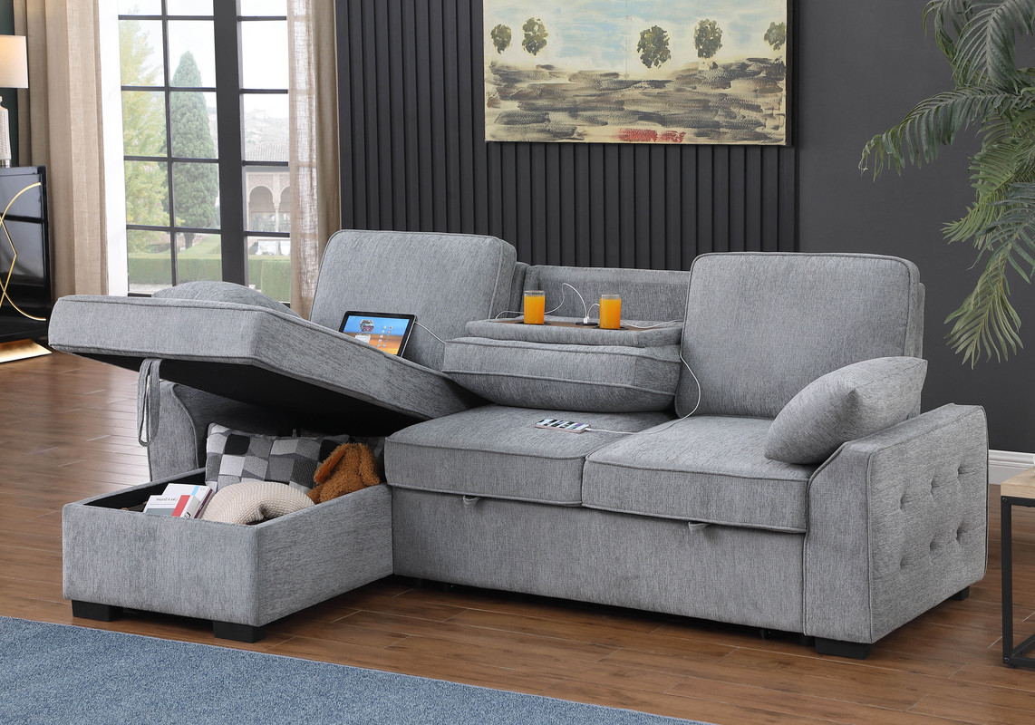 Mackenzie 91"W Light Gray Chenille Fabric Reversible Sleeper Sectional with Storage Chaise