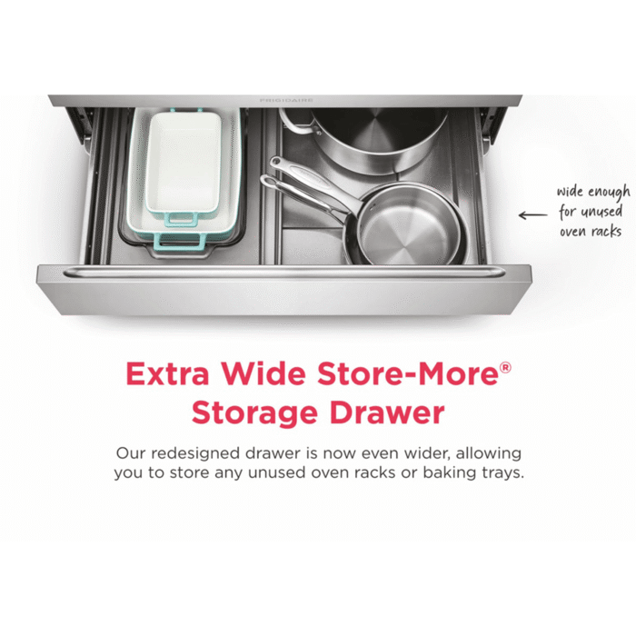 CombinatiFCRG3052BS Frigidaire 30" Gas Range with 5 burners showing extra wide store more storage drawers product image