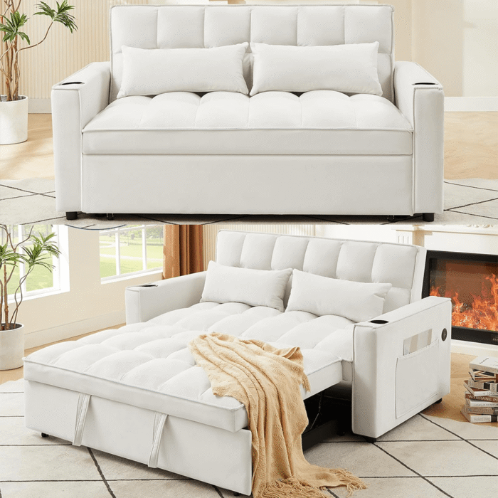 M2180-IV Convertible Velvet Sleeper Sofa Bed in Ivory By Simply Relax product image