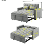 M2180-GY Convertible Velvet Sleeper Sofa Bed in Grey By Simply Relax dimensions product image