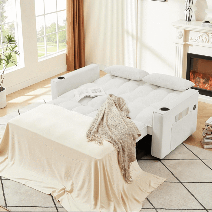 M2180-IV Convertible Velvet Sleeper Sofa Bed in Ivory By Simply Relax open product image