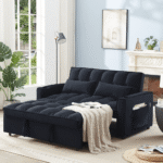 m2180-BK Convertible Velvet Sleeper Sofa Bed in Black By Simply Relax with blanket product image