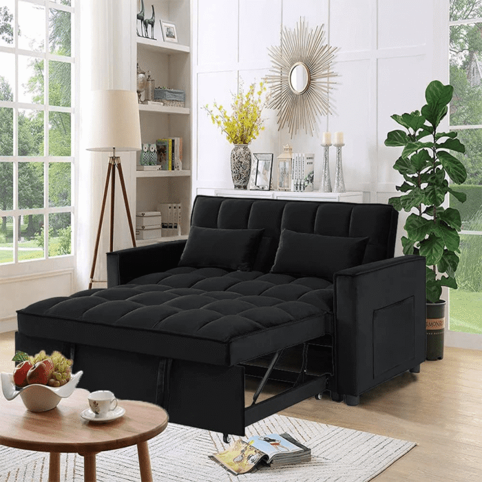 m2180-BK Convertible Velvet Sleeper Sofa Bed in Black By Simply Relax product image open product image