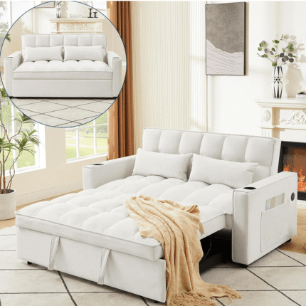 M2180-IV Convertible Velvet Sleeper Sofa Bed in Ivory By Simply Relax with blanket product image