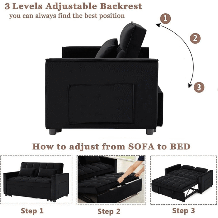 m2180-BK Convertible Velvet Sleeper Sofa Bed in Black By Simply Relax product image Features product image