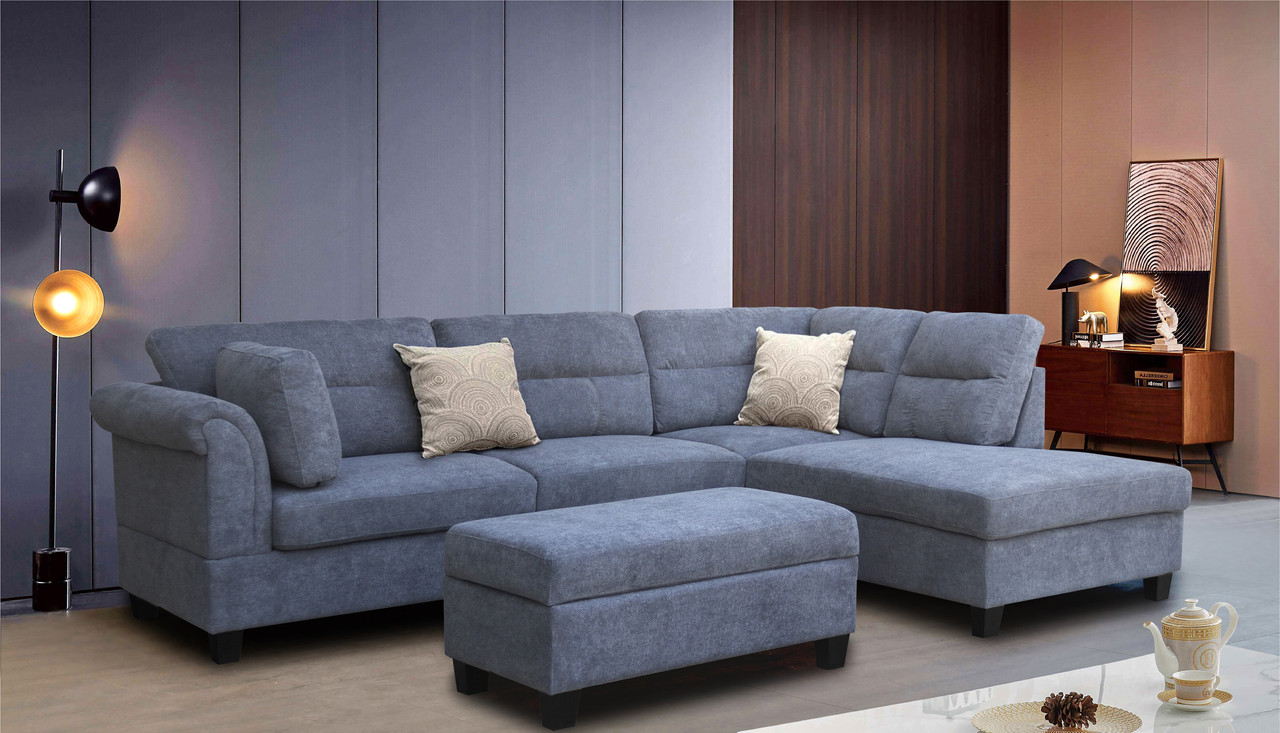 Diego 100"W Gray Fabric Sectional Sofa with Right Facing Chaise