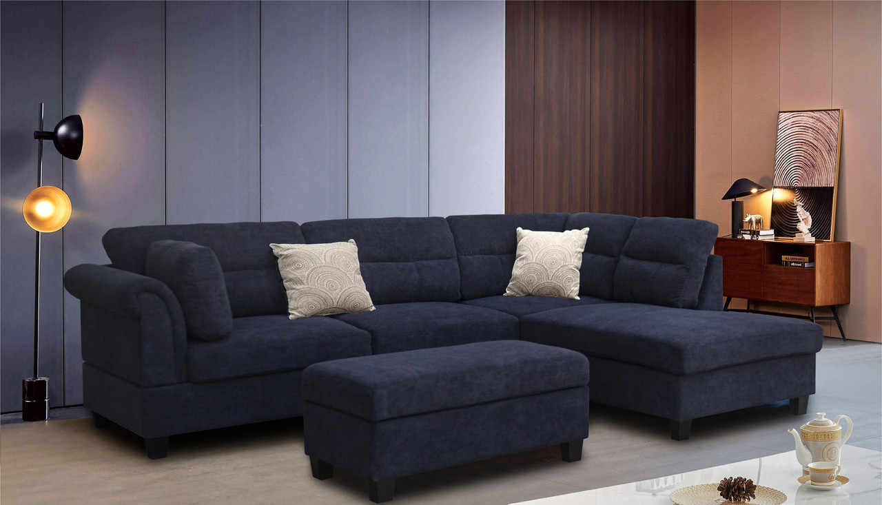Diego 100"W Black Fabric Sectional Sofa with Right Facing Chaise