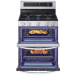 LDGL6924S LG 6.9 cu. ft. Smart Gas Double Oven Freestanding Range with ProBake Convection, Air Fry & Air Sous Vide doors open with food product image
