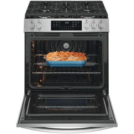 GCFG3059BF Frigidaire 30" Front Control Gas Range with No Preakeat Air Fry, Slow Cook, Steam Bake Air Sous Vide and More! open with food product image