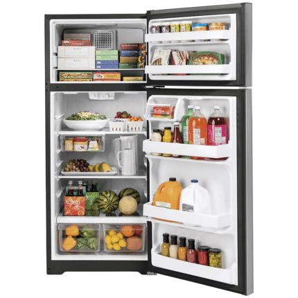 GTS18HYNRFS GE® 17.5 Cu. Ft. Top-Freezer Refrigerator door open with food product image