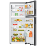 RT70F18LASR Samsung 18 cu. ft. Top Freezer Refrigerator with Ice Maker in Stainless Steel door open with food product image