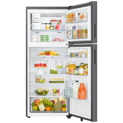 RT70F18LASR Samsung 18 cu. ft. Top Freezer Refrigerator with Ice Maker in Stainless Steel door open with food product image